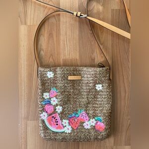 Vera Bradley Brown Straw Crossbody Bag with Fruit Embroidery